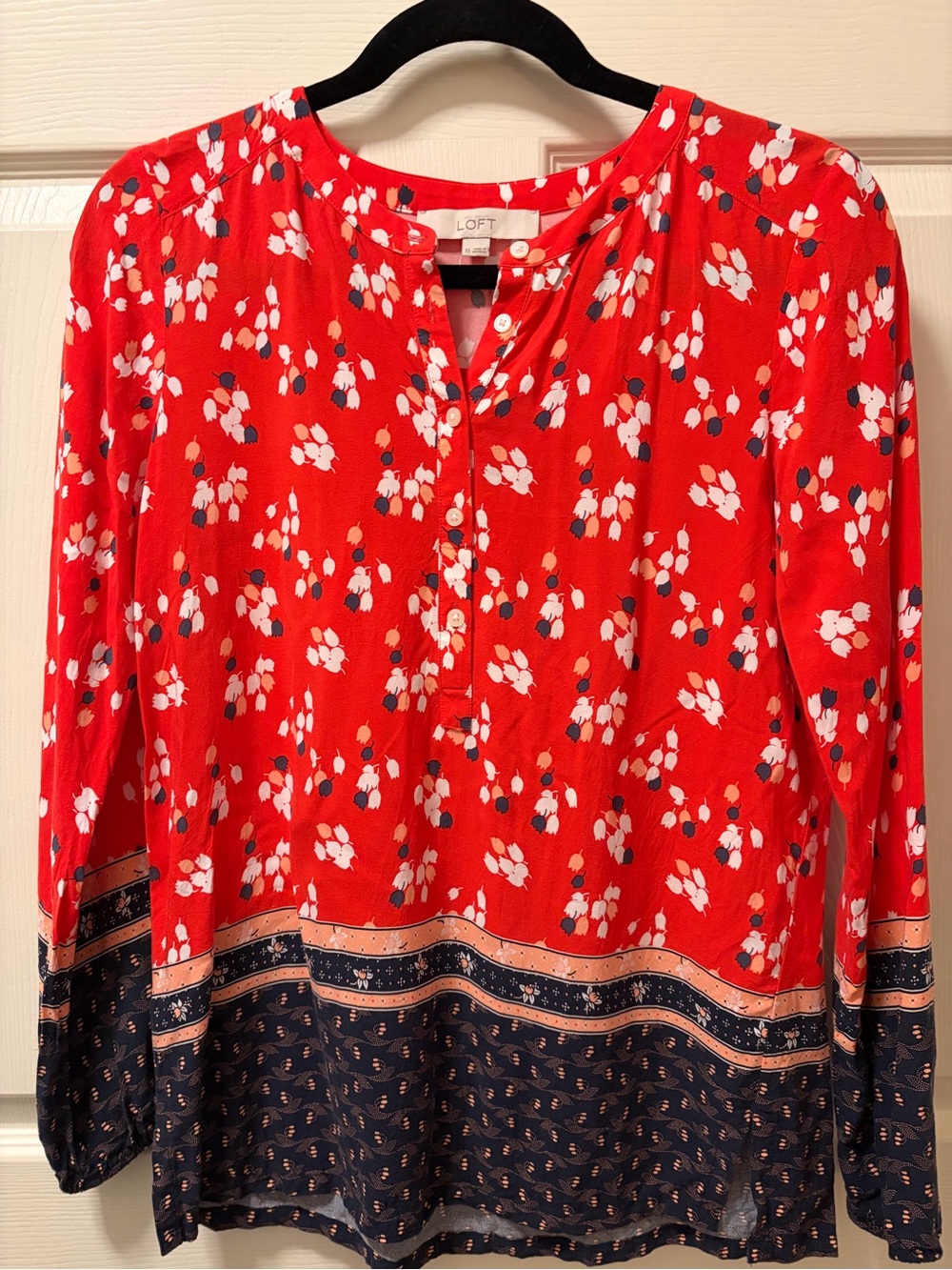 LOFT Women’s Sz XS Floral Peasant Blouse Red Navy Boho Long Sleeve Border Print